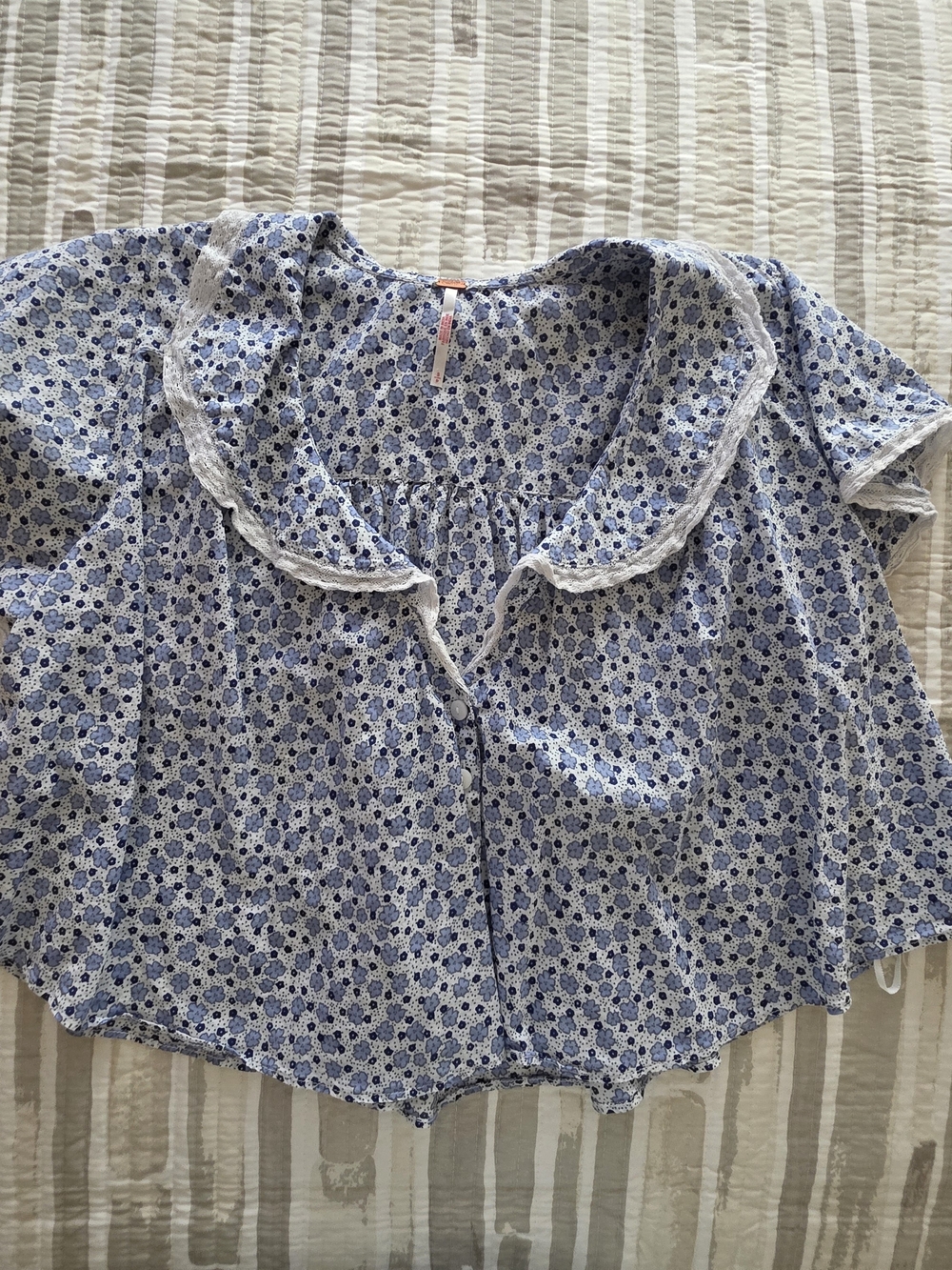 Free People Blue Floral Ruffle Collar Blouse